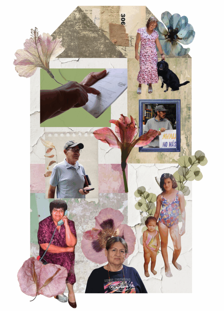 De izquierda a derecha y de arriba hacia abajo: las manos de Esther, Carmen con Kira, Jaime, Robinson, Consuelo, Adelaida, Lucía y Karla, moradores del área de influencia de las obras del metro. Collage: Melany Peláez Morales.