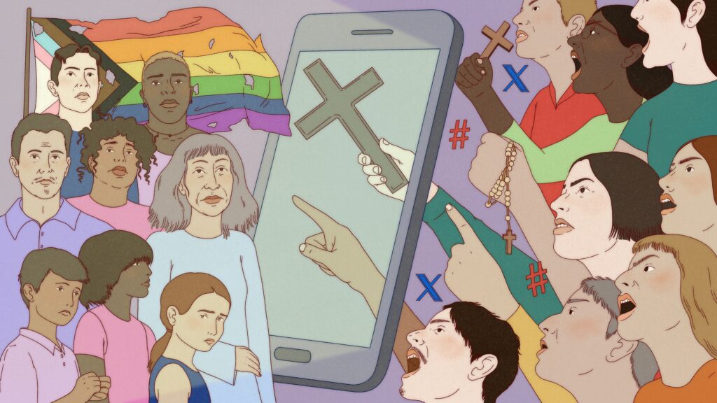 Políticos, influencers y activistas religiosos, unidos en las narrativas desinformadoras contra personas LGBTIQ+. Ilustración: Saro Agustina.