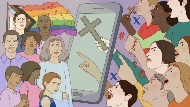 Políticos, influencers y activistas religiosos, unidos en las narrativas desinformadoras contra personas LGBTIQ+. Ilustración: Saro Agustina.