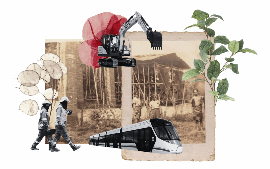 El barrio El Volador tiene más de un siglo de existencia. Hoy, el paisaje incluye a contratistas y retroexcavadoras que le abren paso al futuro metro de la 80. Collage: Melany Peláez Morales.