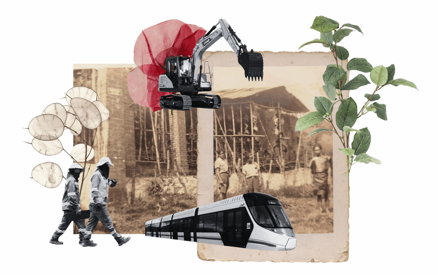 El barrio El Volador tiene más de un siglo de existencia. Hoy, el paisaje incluye a contratistas y retroexcavadoras que le abren paso al futuro metro de la 80. Collage: Melany Peláez Morales.