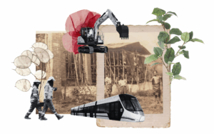 El barrio El Volador tiene más de un siglo de existencia. Hoy, el paisaje incluye a contratistas y retroexcavadoras que le abren paso al futuro metro de la 80. Collage: Melany Peláez Morales.