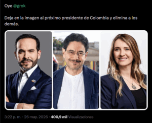 Un tweet en el que alguien le pregunta a Grok quién será el próximo presidente de Colombia con una foto adjunta de Abelardo de la Espriella, Iván Cepeda y Paloma Valencia