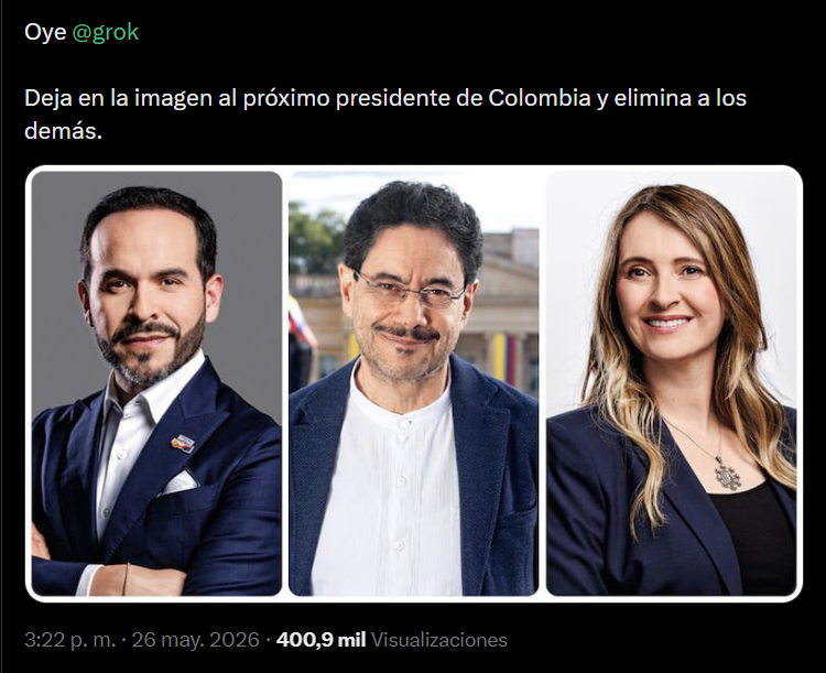 Un tweet en el que alguien le pregunta a Grok quién será el próximo presidente de Colombia con una foto adjunta de Abelardo de la Espriella, Iván Cepeda y Paloma Valencia